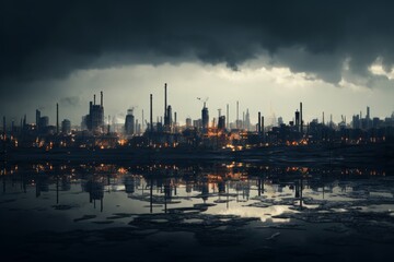 Dramatic view of a large metallurgical plant during the evening with industrial lights