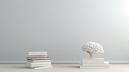 A stack of books is next to a brain model