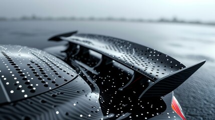 Exquisite carbon fiber luxury sports car rear wing detail with raindrops - high-end design - obrazy, fototapety, plakaty