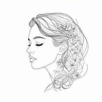 Abstract female face in one line. Woman face with flowers Surreal Line art female floral girl. Minimalism Abstract modern Continuous single line woman face portrait
