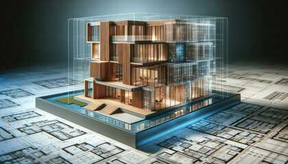 multi-story architectural model displayed in a holographic projection style.