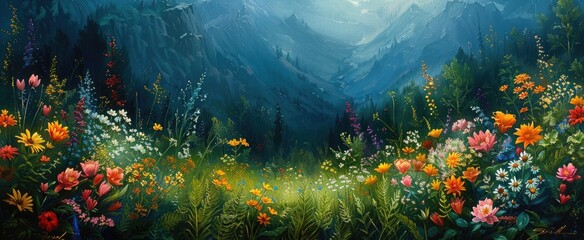 Fototapeta na wymiar Emerald Green Ferns and Rainbow of Wildflowers in a Mountain Meadow