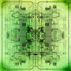 A green and yellow abstract painting of a machine with a cross on it. The painting is full of wires and pipes, and the cross is in the center. The painting has a futuristic and industrial feel to it