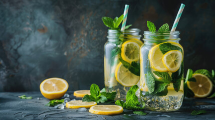 Lemonade or mojito cocktail. Lemonade with mint and lemon slices