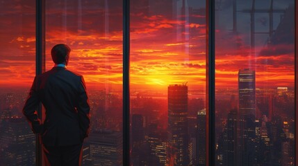 Fototapeta premium Businessman in formal attire standing by office window, contemplating city skyline at sunset