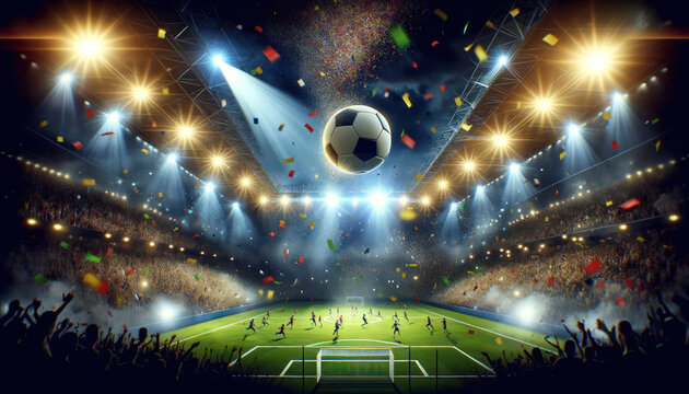 dramatic moment in a soccer stadium where a football is in mid-air and confetti is raining down to celebrate a goal. - Powered by Adobe