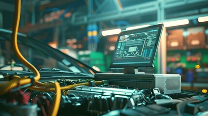 automobile car service, car with open hood, on engine is laying computer with diagnostic screen, super realistic image, - obrazy, fototapety, plakaty