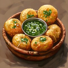 Panipuri or Golgappa is a common street snack from India. It's a round, hollow puri filled with a mixture of flavoured water and other chat items. Over colourful or wooden background. Selective focus - obrazy, fototapety, plakaty