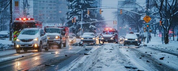 Winter Traffic Accident in the City: Emergency Response Vehicle in an Urban Setting - obrazy, fototapety, plakaty