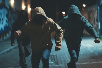 Criminals wearing hoodies sneaking up on a street at night - obrazy, fototapety, plakaty