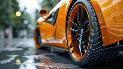 A vibrant close-up of the sleek wheel and tire of an orange sports car on a rainy city street - obrazy, fototapety, plakaty