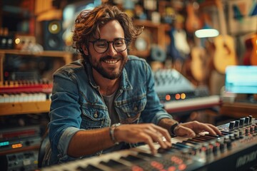 Young hipster musician playing synthesizer in modern music studio with a joyful expression - obrazy, fototapety, plakaty