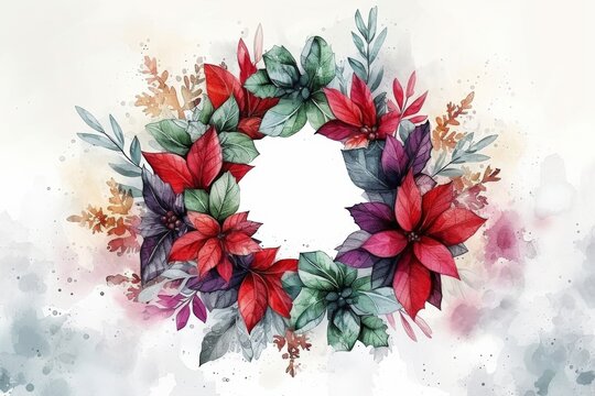 Watercolor Christmas wreath with poinsettia flowers and leaves isolated on white background, holiday decoration concept