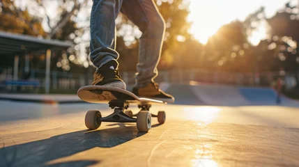 Fotobehang Skateboarder on a board in a skate park © brillianata