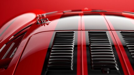 Elegant red sports car hood and vent design with flowing lines and luxurious detailing in...