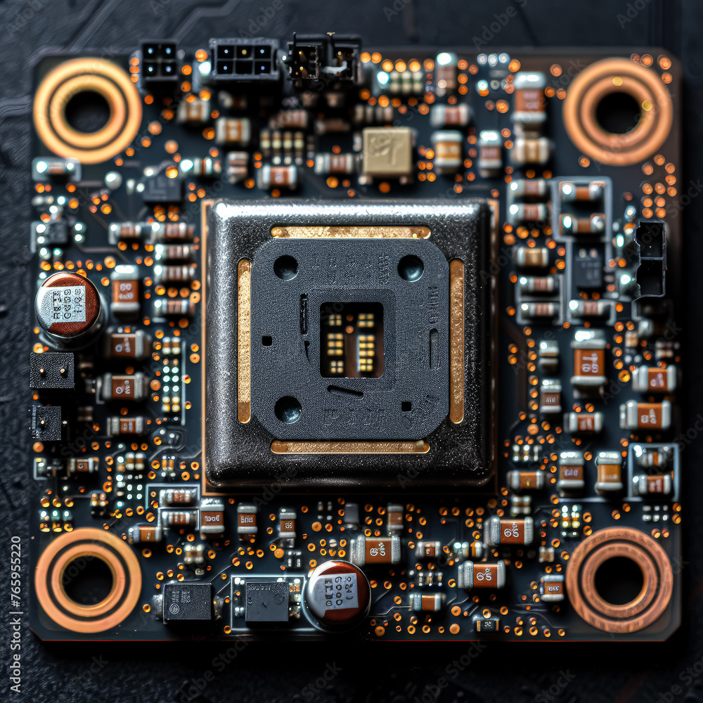Poster a computer chip is lit up with orange lights. the chip is a microprocessor and is surrounded by othe
