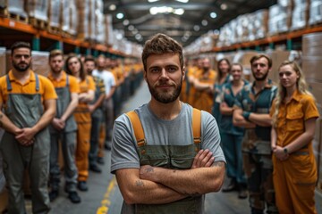 Warehouse workers in a modern warehouse with selective focus on the person in front - obrazy, fototapety, plakaty