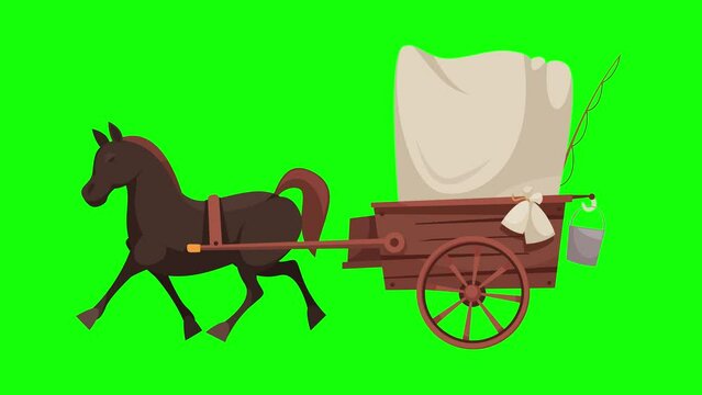 2D Animation of a running cartoon horse cart. Chroma key green screen. 