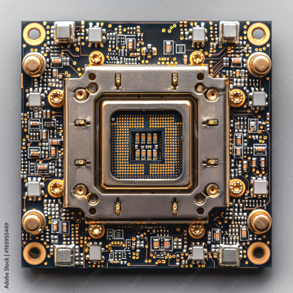 Poster a computer chip is lit up with orange lights. the chip is a microprocessor and is surrounded by othe
