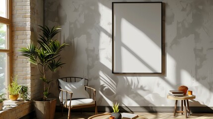 Sunlit Modern Interior: Elegant Mockup Frame with Natural Decor Elements