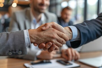 Business professionals in suits shaking hands at office desk, symbolizing successful deal. - obrazy, fototapety, plakaty