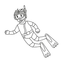 Cute scuba diver kid doodle. Coloring book illustration. Hand drawn cartoon
