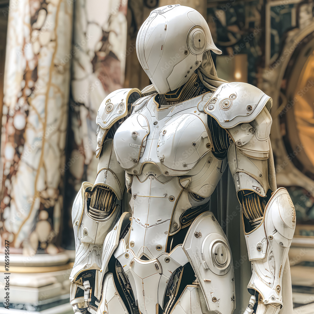 Poster a robot with a white cloak stands in front of a wall. the robot is wearing a white outfit and has a 