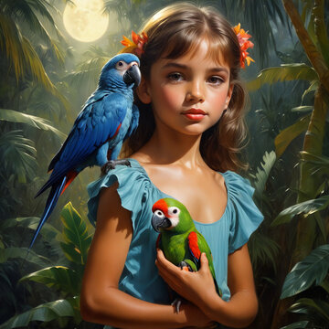 fairy-tale girl, catcher and tamer of tropical birds, in a blue dress, portrait in the night jungle against the backdrop of the moon, holding a green parrot in her hand, a second blue parrot sitting