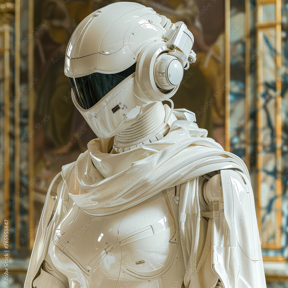 Poster a robot with a white cloak stands in front of a wall. the robot is wearing a white outfit and has a 