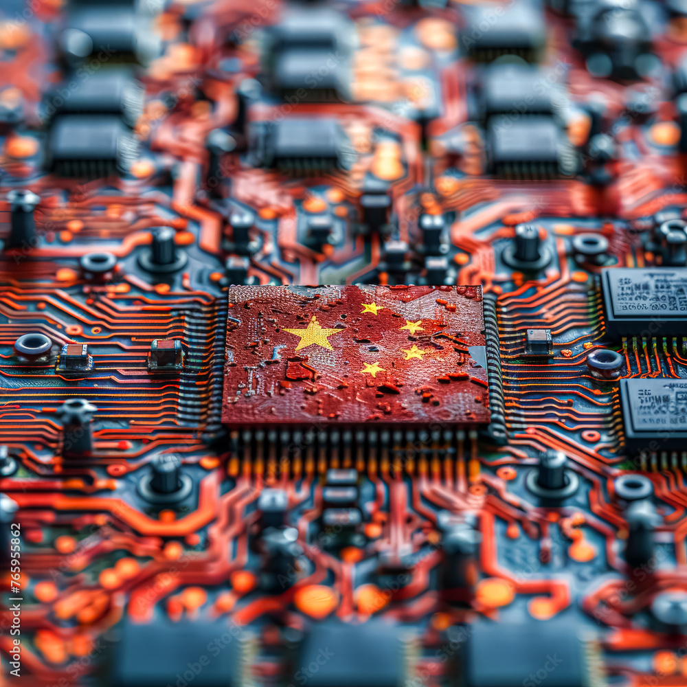 Poster a computer chip with a red star and a red background
