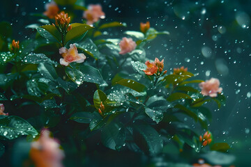 a close up of a branch with a yellow flower on it and a blurry background of blue and orange.