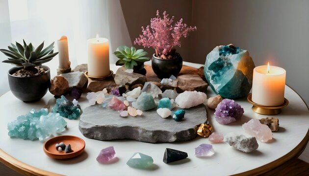 Crystals altar idea. Creating sacred mediation space with good vibes for home, Crystals, minerals and gemstones displayed on a table, concept of raw, lifestyle  created with generative ai