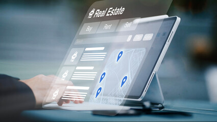 fictional online marketplace for real estate hovering as a hologram in front of a tablet computer in the background, purchase, rent, buy, financing, apartment, credit 