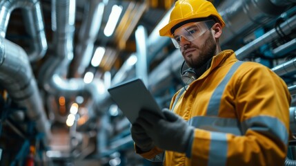 Industrial Safety Inspector: Safety Equipment Expert Using Digital Tablet in Enterprise. Focused Professional Conducting Safety Inspections in Industrial Environment, Equipped with Yellow Hard Hat