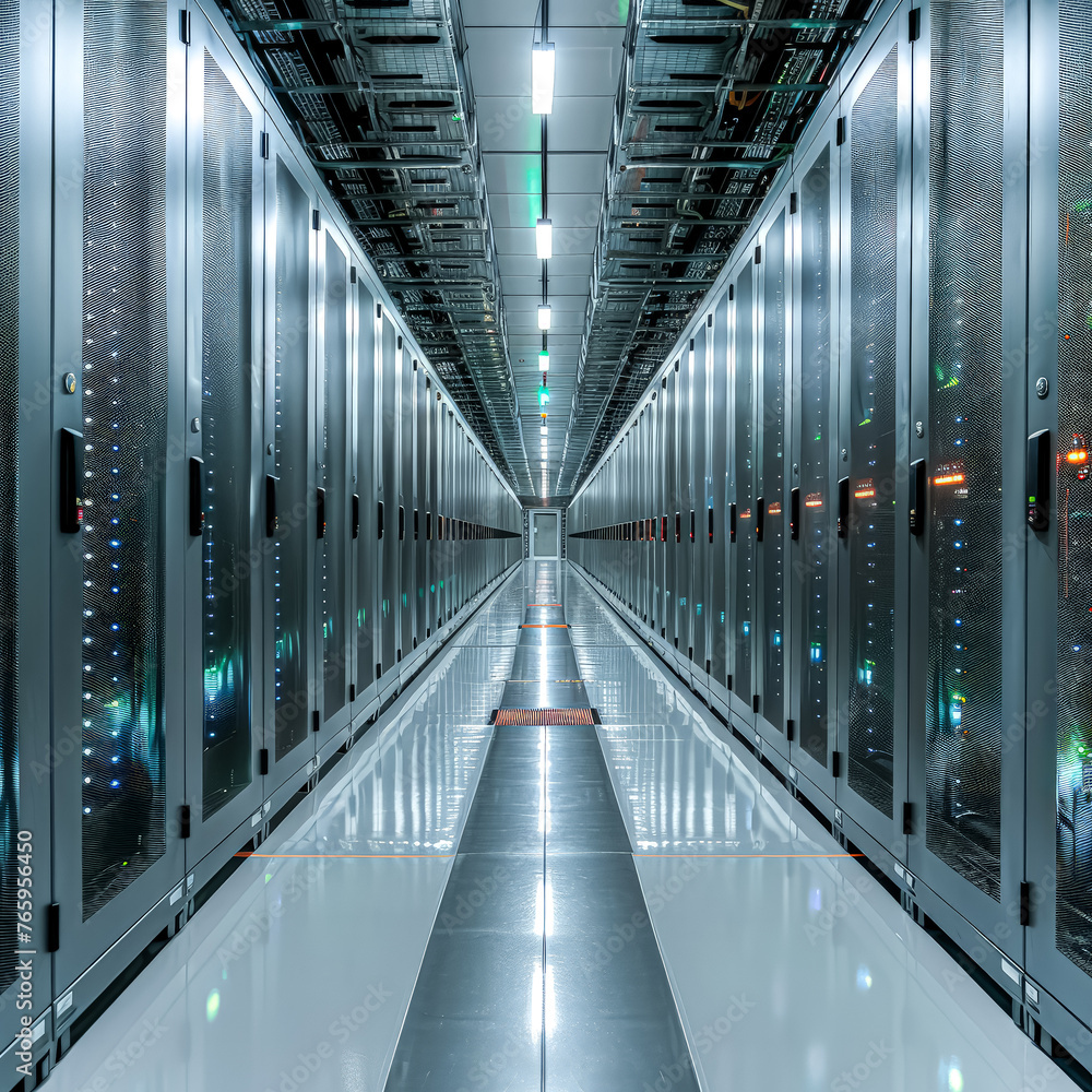 Poster a long hallway with many computer servers. the servers are all lined up and are very shiny