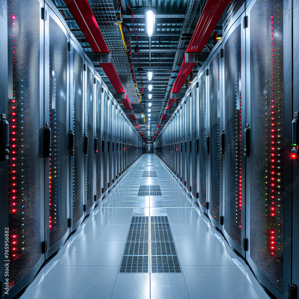Poster a long hallway with many computer servers. the servers are all lined up and are very shiny