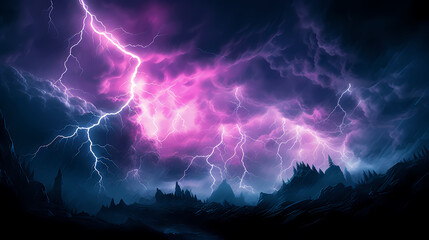 Lightning in the sky, gloomy ominous thunder and lightning background - obrazy, fototapety, plakaty