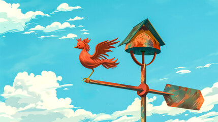 Rustic weathervane with rooster silhouette against blue sky - obrazy, fototapety, plakaty