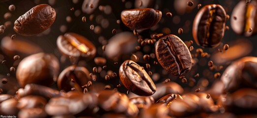 Coffee beans falling on brown background, closeup view - obrazy, fototapety, plakaty