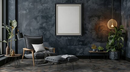 Elegant Interior Mockup: Modern Chair and Decorative Plants Adorning Textured Wall with Blank Frame