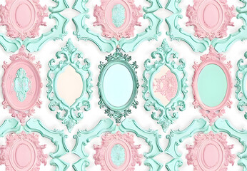 Vintage pattern, pastel pink and teal decorations, romantic neo baroque wallpaper.