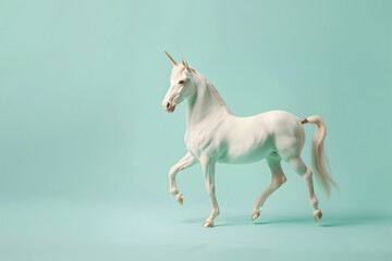 Fototapeta premium Beautiful white unicorn, isolated on pastel blue background, creative copy space.