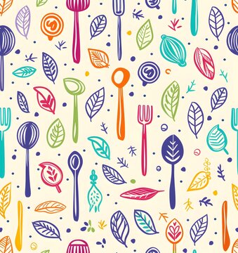 Kitchen utensils, spoons, forks, leaves, natural elements, creative pattern