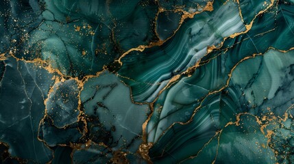 Close up of a fluid green and gold marble texture resembling a natural landscape