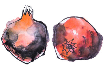 Watercolor illustration of pomegranate. Gohua, traditional chinese ink and wash painting.