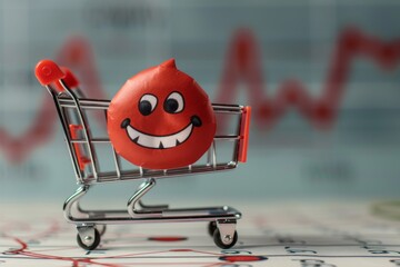 Joyful emoji plushie in mini shopping cart with financial chart background. This adorable image features a red emoji plush toy with a beaming smile sitting in a miniature shopping cart against a