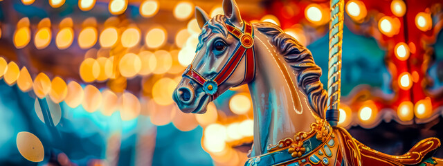 Vintage carousel horse with bokeh lights - obrazy, fototapety, plakaty