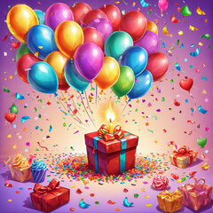 Birthday Card With Balloons, Presents, and Confetti. Generative AI