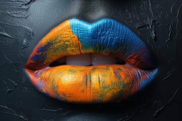 Painted lips extreme close-up. Large, plump female lips painted with multi-colored lipstick in yellow and blue shades on a stylized face in graphite makeup - obrazy, fototapety, plakaty