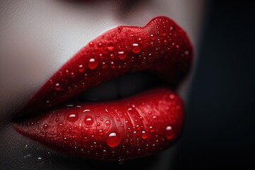 Large plump female lips painted with dark red lipstick, extreme close-up. There are droplets of freshness on the lips. Creative makeup concept - obrazy, fototapety, plakaty